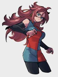 Rule 34 | 1girl, ahoge, android 21, bare shoulders, black nails, black sleeves, blue eyes, breasts, checkered clothes, checkered dress, closed mouth, cropped legs, detached sleeves, dragon ball, dragon ball fighterz, dress, earrings, glasses, grey background, hair between eyes, hoop earrings, jewelry, kemachiku, long hair, looking at viewer, medium breasts, nail polish, red hair, simple background, solo, two-tone dress