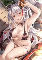 Rule 34 | 1girl, absurdres, armpits, azur lane, bikini, black bikini, black choker, blush, breasts, brown eyes, chair, choker, covered erect nipples, day, flag print, groin, hair between eyes, head tilt, highres, ks (xephyrks), large breasts, long hair, looking at viewer, lounge chair, multicolored hair, navel, open mouth, outdoors, pouring, prinz eugen (azur lane), prinz eugen (unfading smile) (azur lane), ribbon, shiny skin, side-tie bikini bottom, silver hair, sitting, solo, ssunlight, stomach, streaked hair, swimsuit, thighs, two side up, untied bikini, very long hair, wet