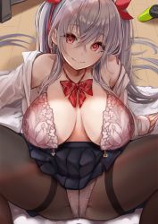 Rule 34 | 1girl, absurdres, arm support, bare shoulders, bow, bowtie, bra, breasts, breasts apart, closed mouth, crossed bangs, floor, front-tie bra, grey hair, hair ribbon, head tilt, highres, indoors, lace, lace bra, large breasts, leaning back, long hair, long sleeves, looking at viewer, mappaninatta, off shoulder, open bra, open clothes, open shirt, original, panties, panties under pantyhose, pantyhose, pink bra, pleated skirt, red bow, red bowtie, red eyes, red ribbon, ribbon, school uniform, sidelocks, sitting, skirt, smile, solo, spread legs, thighband pantyhose, twintails, underwear, undressing, unfastened, upskirt, very long hair