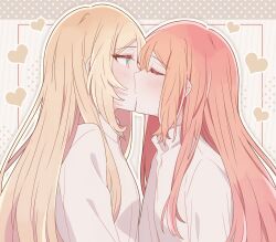 Rule 34 | 2girls, blonde hair, blue eyes, blush, closed eyes, commentary, from side, fuwa aya, heart, highres, kiss, kousaka 0v0, long hair, multiple girls, onna doushi toka arienai desho to iiharu onnanoko wo hyakunichikan de tetteiteki ni otosu yuri no ohanashi, orange hair, sakakibara marika, shirt, symbol-only commentary, upper body, white shirt, yuri