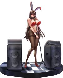 Rule 34 | 1girl, areola slip, between breasts, blush, breasts, crossed bangs, full body, hair between eyes, hair intakes, high heels, highres, huge breasts, last origin, leotard, long hair, microphone, microphone stand, mr.yun, navel, official art, open mouth, playboy bunny, royal arsenal, solo, speaker, tachi-e, transparent background, very long hair