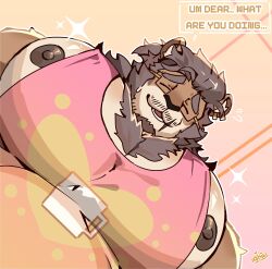 Rule 34 | 1boy, animal ears, bara, beard, belly, brown hair, chest tuft, cup, facial hair, fat, fat man, foreshortening, from below, full beard, furrowed brow, furry, furry male, glasses, graysheartart, highres, huge pectorals, large pectorals, lion boy, lion ears, looking at viewer, looking down, male focus, meme, mug, muscular, muscular male, mustache stubble, nipple slip, nipples, original, pectoral cleavage, pectoral focus, pectorals, photo-referenced, pink tank top, print mug, short hair, sidepec, solo, sparkling aura, stubble, tank top, thick beard, thick eyebrows, upper body, yur oc like this (meme)