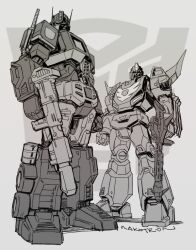 Rule 34 | artist name, autobot, full body, greyscale, gun, holding, holding gun, holding weapon, looking at viewer, makoto ono, mecha, monochrome, no humans, optimus prime, robot, rodimus prime, science fiction, standing, transformers, weapon