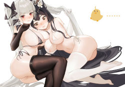 Rule 34 | 2girls, absurdres, areola slip, ass, azur lane, bikini, black bikini, black bow, black hair, black nails, black thighhighs, blush, bow, breast press, breasts, brown hair, chinese commentary, cleavage, closed mouth, commentary request, feet, flower, formidable (azur lane), grey hair, hair bow, hair flower, hair ornament, hand up, highres, indomitable (azur lane), large breasts, long hair, looking at breasts, looking at viewer, lying, manjuu (azur lane), micro bikini, multiple girls, nail polish, on side, red eyes, simple background, soles, swimsuit, thighhighs, tongue, tongue out, twintails, very long hair, white background, white bikini, white thighhighs, yuri, zhudouzi