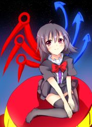 Rule 34 | 1girl, 3:, ahoge, asymmetrical wings, black dress, black hair, blush, bow, dress, frown, houjuu nue, looking at viewer, merxkialis, no shoes, red eyes, short hair, sitting, sky, solo, star (sky), starry sky, thighhighs, touhou, ufo, wariza, wings