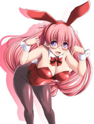 Rule 34 | 1girl, animal ears, bent over, bow, bowtie, breasts, cleavage, detached collar, fake animal ears, glasses, huge breasts, leotard, log-mi (tonpuu), long hair, original, pantyhose, pink hair, playboy bunny, purple eyes, rabbit ears, rabbit tail, simple background, solo, tail, tonpuu, twintails, wrist cuffs
