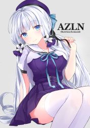 Rule 34 | 1girl, alternate costume, aqua ribbon, arm support, artist name, azur lane, bad id, bad pixiv id, belt, blue eyes, blush, breasts, buckle, character name, closed mouth, eyes visible through hair, grey background, hair ornament, hair ribbon, hat, head tilt, highres, illustrious (azur lane), komazuki (komaworks240), large breasts, long hair, looking at viewer, low twintails, mole, mole under eye, neck ribbon, pleated skirt, ribbon, sailor collar, school uniform, short sleeves, sitting, skirt, smile, solo, thighhighs, thighs, tress ribbon, twintails, white hair, white thighhighs