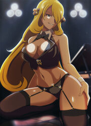 Rule 34 | 1girl, backlighting, black bow, black bowtie, black garter straps, black panties, black thighhighs, blonde hair, bow, bowtie, breasts, commentary, creatures (company), cropped vest, cynthia (pokemon), english commentary, game freak, garter straps, grey eyes, grin, hair ornament, hair over one eye, highres, instrument, knee up, large breasts, light particles, long hair, looking at viewer, navel, nintendo, no pants, panties, piano, pokemon, pokemon dppt, sidelocks, smile, solo, stomach, thighhighs, thighs, underwear, very long hair, vest, vivivoovoo, wing collar, wrist cuffs