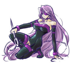Rule 34 | 00s, 1girl, bare shoulders, boots, breasts, cleavage, detached sleeves, dress, eyepatch, fate/stay night, fate (series), long hair, medusa (fate), medusa (rider) (fate), non-web source, purple hair, solo, square pupils, strapless, strapless dress, thigh boots, thighhighs, weapon