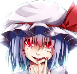 Rule 34 | 1girl, blood, blood on face, blue hair, canae0, fang, female focus, finger to mouth, glowing, glowing eyes, hat, licking lips, nail polish, open mouth, portrait, red eyes, remilia scarlet, short hair, smirk, solo, tongue, tongue out, touhou