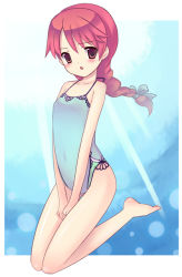 Rule 34 | 1girl, bad id, bad pixiv id, barefoot, blue background, blue one-piece swimsuit, braid, brown eyes, cheria barnes, flat chest, long hair, official alternate costume, one-piece swimsuit, red hair, solo, swimsuit, tales of (series), tales of graces, teu (navy)