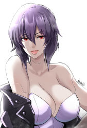 Rule 34 | 1girl, bare shoulders, breasts, butcha-u, cleavage, collarbone, ghost in the shell, hair between eyes, highres, jacket, kusanagi motoko, large breasts, leotard, lips, looking at viewer, open clothes, open jacket, parted lips, purple hair, red eyes, short hair, signature, simple background, solo, strapless, strapless leotard, underwear, white background