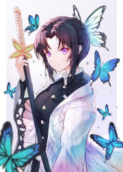 Rule 34 | 1girl, absurdres, bad id, bad pixiv id, black hair, black shirt, blue butterfly, blurry, blurry foreground, breasts, bug, butterfly, butterfly hair ornament, collared shirt, facing to the side, hair intakes, hair ornament, haori, highres, holding, holding weapon, insect, japanese clothes, katana, kimetsu no yaiba, kochou shinobu, long sleeves, looking at viewer, medium breasts, neon (hhs9444), parted bangs, purple eyes, shirt, short hair, sidelocks, simple background, smile, solo, sword, weapon