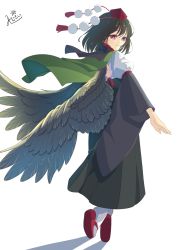 Rule 34 | 1girl, alternate costume, amanoyayuki, bird wings, black dress, black hair, bright pupils, cape, closed mouth, dress, feathered wings, full body, green cape, hat, highres, looking at viewer, looking back, pink eyes, pom pom (clothes), red hat, shameimaru aya, short hair, simple background, smile, solo, standing, tiptoes, tokin hat, touhou, white background, white pupils, wings