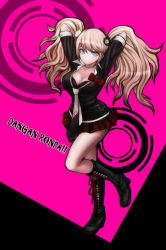 Rule 34 | 1girl, arms up, black background, black bra, black footwear, black shirt, boots, bow, bra, breasts, cleavage, collarbone, copyright name, cross-laced footwear, danganronpa: trigger happy havoc, danganronpa (series), enoshima junko, grey eyes, grey necktie, hair ornament, hands in hair, lace-up boots, large breasts, leg up, light brown hair, long hair, looking at viewer, miniskirt, necktie, pink background, pleated skirt, rabbit hair ornament, red bow, red skirt, shirt, skirt, smile, solo, spoilers, standing, standing on one leg, toshiro1017, twintails, two-tone background, underwear, very long hair