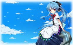 Rule 34 | 1girl, alternate hairstyle, amemiya ruki, apron, arm support, blue hair, bow, day, female focus, gradient background, hair bow, hinanawi tenshi, long skirt, luky, no headwear, outdoors, ponytail, red eyes, rock, sitting, sitting on rock, skirt, sky, solo, touhou, wallpaper