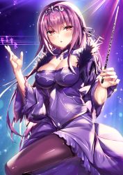 Rule 34 | 1girl, :o, blush, breasts, cleavage, covered navel, dark background, dress, fate/grand order, fate (series), fukase ayaka, fur trim, headpiece, jewelry, large breasts, long hair, looking at viewer, open mouth, pantyhose, purple dress, purple hair, red eyes, runes, scathach (fate), scathach skadi (fate), solo, star (symbol), tiara, wand