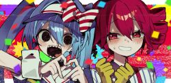 Rule 34 | 2girls, black eyes, blue hair, blue hat, bow, clenched hands, confetti, drill hair, empty eyes, gloves, hair bow, hands up, hat, hatsune miku, heart, heart hands, hidaka yuuno, kasane teto, long hair, looking at viewer, mesmerizer (vocaloid), multiple girls, open mouth, pink eyes, pink hair, scared, sharp teeth, shirt, smile, static, striped bow, striped clothes, striped shirt, sweat, teeth, tongue, tongue out, twin drills, twintails, upper body, utau, very long hair, visor cap, vocaloid, wrist cuffs, yellow gloves