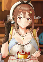 Rule 34 | 1girl, atelier (series), atelier ryza, atelier ryza 1, beret, black hairband, blurry, blurry background, bow hairband, breasts, brown eyes, brown gloves, brown hair, closed mouth, collarbone, commentary, cup, detached sleeves, elbow on table, fingernails, food, gloves, hair ornament, hairband, hairclip, hat, highres, holding, holding spoon, indoors, jacket, janqoo89, jewelry, large breasts, leather, leather gloves, looking at viewer, necklace, open clothes, open jacket, pudding, reisalin stout, shirt, short hair, sidelocks, single glove, sleeveless, sleeveless jacket, sleeveless shirt, smile, solo, spoon, star (symbol), star necklace, tea, white headwear, white shirt, white sleeves, yellow jacket