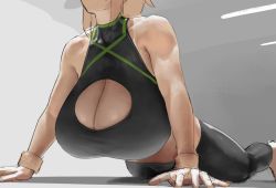 Rule 34 | 1girl, arched back, barefoot, black sports bra, blonde hair, breasts, cleavage, cleavage cutout, close-up, clothing cutout, collarbone, commentary, english commentary, eu03, exercising, fate/grand order, fate (series), head out of frame, huge breasts, long hair, lying, okita souji (fate), on stomach, pants, ponytail, solo, sports bra, stretching, wristband, yoga pants
