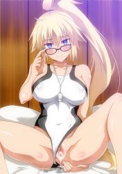 Rule 34 | 1girl, adjusting eyewear, after vaginal, aftersex, arm behind back, bare shoulders, black-framed eyewear, black one-piece swimsuit, blonde hair, blue eyes, blush, breasts, censored, collarbone, competition swimsuit, covered navel, cum, cum in pussy, cumdrip, fate/grand order, fate (series), glasses, hair between eyes, hara (harayutaka), highres, indoors, jeanne d&#039;arc (fate), jeanne d&#039;arc (ruler) (fate), jeanne d&#039;arc (swimsuit archer) (fate), jeanne d&#039;arc (swimsuit archer) (second ascension) (fate), large breasts, long hair, looking at viewer, mosaic censoring, on bed, one-piece swimsuit, ponytail, sitting, skin tight, smile, solo, spread legs, swimsuit, thighs, two-tone swimsuit, very long hair, whistle, white one-piece swimsuit