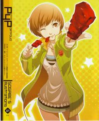 Rule 34 | 1girl, absurdres, atlus, brown eyes, brown hair, dress, female focus, food, highres, jacket, lapel pin, meat, non-web source, one eye closed, open clothes, open jacket, persona, persona 4, pointing, satonaka chie, scan, short hair, skirt, smile, solo, track jacket, wink