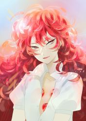 Rule 34 | androgynous, bad id, bad pixiv id, gem, gender request, houseki no kuni, long hair, looking at viewer, open clothes, open shirt, padparadscha (houseki no kuni), red eyes, red hair, shirt, smile, solo, sparkle, upper body, wavy hair