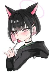 Rule 34 | 1girl, animal ears, black choker, black hair, black jacket, blue archive, blush, cat ears, choker, colored inner hair, estelle8js, extra ears, fork, halo, highres, holding, holding fork, jacket, kazusa (blue archive), long sleeves, looking at viewer, multicolored hair, open mouth, pink hair, pink halo, red eyes, short hair, signature, simple background, solo, white background