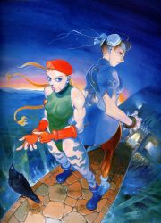 Rule 34 | 1990s (style), 2girls, :p, adjusting clothes, adjusting gloves, ahoge, antenna hair, back-to-back, bengus, beret, bird, blonde hair, blue eyes, boots, bracelet, braid, bridge, brown eyes, brown hair, bun cover, cammy white, capcom, china dress, chinese clothes, chun-li, crow, double bun, dress, fingerless gloves, gloves, hair bun, hat, jewelry, leotard, multiple girls, muscular, official art, pantyhose, pelvic curtain, perspective, retro artstyle, scar, scotland, spiked bracelet, spikes, street fighter, street fighter ii (series), thick thighs, thighs, tongue, tongue out, twin braids