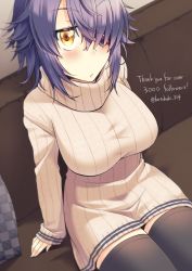 Rule 34 | 1girl, arm support, artist name, bad id, bad pixiv id, blush, breasts, checkered pillow, closed mouth, couch, eyepatch, hair over one eye, highres, kantai collection, kotobuki (momoko factory), large breasts, long sleeves, looking at viewer, milestone celebration, pillow, purple hair, short hair, sitting, sleeves past wrists, solo, sweater, tenryuu (kancolle), thighhighs, turtleneck, turtleneck sweater, twitter username, yellow eyes