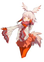 Rule 34 | 10s, 1girl, bad id, bad nicoseiga id, blunt bangs, cropped legs, fur collar, gloves, head wings, japanese crested ibis (kemono friends), kemono friends, long sleeves, looking at viewer, multicolored hair, nonokuro, outstretched arm, pantyhose, pleated skirt, red gloves, red hair, red pantyhose, shirt, skirt, smile, solo, tail, transparent background, two-tone hair, white hair, white shirt, wings, yellow eyes