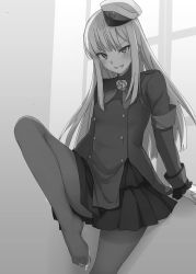 Rule 34 | 1girl, absurdres, bad id, bad twitter id, black thighhighs, blush, breasts, coat, eyebrows hidden by hair, fate/grand order, fate (series), feet, greyscale, hat, highres, leg up, long hair, looking at viewer, military, military hat, military uniform, mobu, monochrome, open mouth, pantyhose, reines el-melloi archisorte, sitting, skirt, smile, solo, thighhighs, uniform, window
