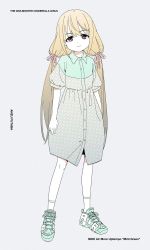 Rule 34 | 1girl, acubi tomaranai, arms at sides, blonde hair, character name, closed mouth, coat, copyright name, english text, fashion, full body, futaba anzu, grey background, highres, idolmaster, idolmaster cinderella girls, looking at viewer, nike (company), product placement, purple eyes, shoes, short sleeves, simple background, smile, sneakers, socks, solo, standing, twintails, white socks