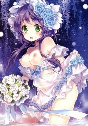 Rule 34 | 1girl, absurdres, bare shoulders, bouquet, breasts, clothes lift, clothes pull, contrapposto, dress, dress lift, dress pull, elbow gloves, flower, gloves, green eyes, hair flower, hair ornament, highres, leaning forward, looking at viewer, mottsun, navel, nipples, partially submerged, purple hair, scan, see-through, sidelocks, smile, solo, standing, strap slip, thighhighs, wading, wet, wet clothes, white dress, white gloves, white thighhighs