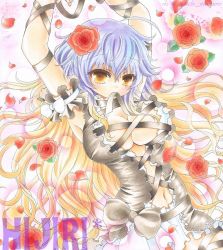 Rule 34 | 1girl, arm ribbon, armband, armpits, arms up, artist name, bow, breasts squeezed together, breasts, character name, cleavage, dress, female focus, flower, gradient hair, hair flower, hair ornament, hijiri byakuren, long hair, looking at viewer, marker (medium), midriff, mouth hold, multicolored hair, navel, oekaki narizumi, pastel (medium), petals, pink background, red flower, red rose, ribbon, ribbon in mouth, rose, rose petals, skirt, solo, touhou, traditional media, very long hair, wrist ribbon, yellow eyes
