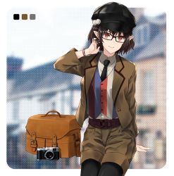 Rule 34 | 1girl, adapted costume, alternate costume, arm behind back, arm support, arm up, bag, belt, bespectacled, black-framed eyewear, black hat, black necktie, black pantyhose, blouse, bracelet, brown belt, brown hair, brown jacket, brown shorts, buttons, cabbie hat, camera, closed mouth, collared shirt, color guide, commentary request, cowboy shot, forbidden scrollery, formal, glasses, hand in own hair, hat, head tilt, invisible chair, jacket, jewelry, legs together, long sleeves, looking at viewer, nabeshima tetsuhiro, necktie, open clothes, open jacket, outside border, pantyhose, pantyhose under shorts, pointy ears, pom pom (clothes), red eyes, rounded corners, shameimaru aya, shameimaru aya (newsboy), shirt, shirt tucked in, short hair, shorts, single-lens reflex camera, sitting, smile, solo, striped clothes, striped vest, thighhighs, touhou, vest, white shirt, wing collar
