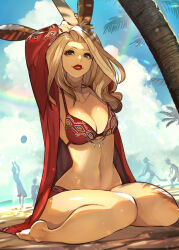 Rule 34 | 1girl, animal ears, arms up, warrior of light (ff14), barefoot, beach, bikini, blonde hair, blue eyes, breasts, day, dutch angle, final fantasy, final fantasy xiv, hide (hideout), highres, jacket, kneeling, long hair, looking at viewer, medium breasts, open clothes, open jacket, outdoors, palm tree, parted lips, rabbit ears, red bikini, red jacket, red lips, silhouette, solo focus, stretching, swimsuit, tree, viera