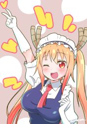 Rule 34 | 10s, 1girl, ;d, blonde hair, commentary request, dragon girl, dragon horns, elbow gloves, gloves, highres, horns, kobayashi-san chi no maidragon, long hair, looking at viewer, maid, maid headdress, one eye closed, open mouth, orange eyes, slit pupils, smile, solo, tohru (maidragon), twintails, v, white gloves, yokoshima (euphoria)