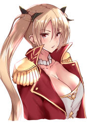 Rule 34 | 1girl, aiguillette, azur lane, black bow, blonde hair, blush, bow, breasts, cleavage, collarbone, hair between eyes, hair bow, jacket, large breasts, long hair, looking at viewer, nelson (azur lane), open clothes, open jacket, parted lips, red eyes, sidelocks, simple background, solo, tai (nazutai), tsurime, twintails, upper body, white background
