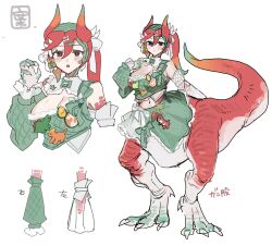 Rule 34 | 1girl, animal feet, animal hands, breasts, brown eyes, claw pose, claws, closed mouth, colored tips, crop top, detached collar, detached sleeves, digitigrade, dragon girl, dragon horns, dragon tail, frilled sleeves, frills, full body, hand up, highres, horns, large breasts, long hair, looking at viewer, monster girl, multicolored hair, multiple views, open mouth, original, ponytail, red hair, red horns, red scales, sakoku (oyatsu3ji ), scales, simple background, single strap, standing, tail, white background