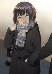 Rule 34 | 1girl, ^ ^, bag, black coat, blush, braid, breath, brown hair, buttons, closed eyes, coat, duffel coat, hand in another&#039;s pocket, holding, holding bag, holding hands, long sleeves, mattaku mousuke, open mouth, original, out of frame, overcoat, plaid, plaid scarf, scarf, short hair, shoulder bag, smile, solo focus, twin braids, winter clothes