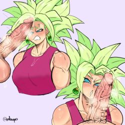 Rule 34 | 1boy, 1girl, :o, angry, blue eyes, blush, clothed female nude male, clothed sex, dragon ball, dragon ball super, ear piercing, earrings, emboquo, erection, grabbing, green hair, highres, huge penis, imminent fellatio, jewelry, kefla (dragon ball), large penis, legendary super saiyan, male pubic hair, medium hair, muscular, muscular female, nude, open mouth, penis, penis grab, piercing, potara earrings, pov, pubic hair, saiyan, simple background, super saiyan, testicles, veins, veiny penis