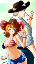 1boy 1girl american_flag_bikini american_flag_print aqua_eyes artist_request ball bare_shoulders bikini bikini_bottom_only blue_sky breasts cleavage cowboy_hat denim denim_shorts flag_print happy hat highres kinnikuman large_breasts lips long_hair one_eye_closed open_mouth orange_hair pants print_bikini salute shiny_skin short_hair shorts shouno_natsuko size_difference sky standing swimsuit terryman v waving white_hair wide_hips wink