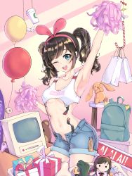 Rule 34 | 1girl, alternate costume, alternate hairstyle, aqua eyes, arm up, armpits, backpack, bag, balloon, blush, box, breasts, breasts apart, brown hair, candy, candy cane, cardboard box, cleavage, collarbone, covered erect nipples, cowboy shot, crop top, crt, denim, denim shorts, doll, eyyy, food, gift, gift box, hairband, highres, kizuna ai, kizuna ai inc., linea alba, long hair, looking at viewer, medium breasts, midriff, model, model airplane, multicolored hair, name tag, navel, one eye closed, open fly, open mouth, pom pom (cheerleading), shopping, short shorts, shorts, sidelocks, skateboard, smile, stool, strap gap, streaked hair, stuffed animal, stuffed rabbit, stuffed toy, suspender shorts, suspenders, swept bangs, tank top, teddy bear, twintails, underboob, unzipped, virtual youtuber, white tank top