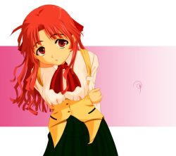 Rule 34 | 1girl, absurdres, arms behind back, black skirt, boker iruka, brown eyes, collared shirt, commentary request, hair ribbon, hand on own arm, highres, leaning forward, long hair, looking at viewer, neck ribbon, parted lips, pleated skirt, red hair, red ribbon, ribbon, sayonara wo oshiete, school uniform, shirt, skirt, solo, two-tone background, ueno koyori, upper body, vest, wavy hair, white shirt