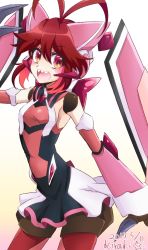 Rule 34 | 1girl, antenna hair, artist name, bare shoulders, blush stickers, claw (weapon), cosplay, dated, detached sleeves, doll joints, highres, joints, kiraki, long hair, micha jawkan, open mouth, red eyes, red hair, senki zesshou symphogear, sharp teeth, shorts, skirt, smile, solo, teeth, tsukuyomi shirabe, tsukuyomi shirabe (cosplay), twintails, weapon, white background