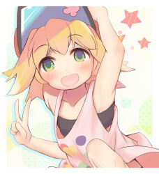 Rule 34 | 1girl, amitie (puyopuyo), blonde hair, blush, green eyes, looking at viewer, open mouth, puyopuyo, puyopuyo quest, short hair, sia graph, solo, star (symbol), swimsuit, v