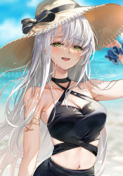 Rule 34 | 1girl, :d, arm up, armlet, armpit crease, armpits, bare arms, bare shoulders, bikini, black bikini, black choker, breasts, brown hat, choker, cleavage, criss-cross halter, day, emyo, green eyes, halterneck, hat, hat ribbon, highres, large breasts, long hair, looking at viewer, midriff, mole, mole under eye, navel, open mouth, original, outdoors, ribbon, scrunchie, smile, solo, stomach, straw hat, swimsuit, upper body, very long hair, white hair, wrist scrunchie