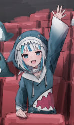 Rule 34 | 1girl, animal hood, blue eyes, blue hair, commentary request, gawr gura, gawr gura (1st costume), highres, hololive, hololive english, hood, kanju, looking at viewer, multicolored hair, open mouth, shark hood, sharp teeth, smile, solo, streaked hair, teeth, virtual youtuber, waving, white hair