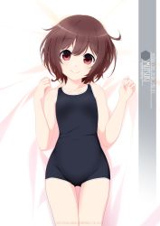 Rule 34 | 1girl, artist name, black one-piece swimsuit, brown eyes, brown hair, character name, commentary request, cowboy shot, flat chest, gluteal fold, gradient hair, highres, inaba shiki, kantai collection, looking at viewer, lying, multicolored hair, mutsuki (kancolle), new school swimsuit, one-piece swimsuit, red hair, school swimsuit, short hair, smile, solo, swimsuit